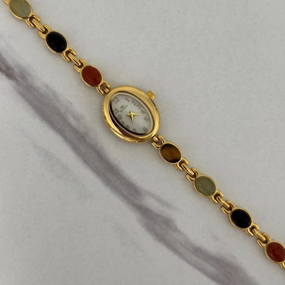 Sku0459 Retro Gold Multicoloured‎ Gemstone Women Watch Bracelet + gift bag